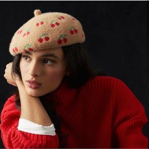 Anthropologie Tan Beret with Red and Green Cherry Design